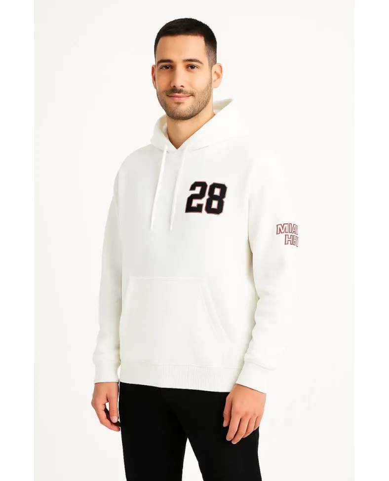 Erkek Kapşonlu Sweatshirt Üç İplik Şardonlu Oversize Fit Ön Arka Baskılı Kanguru - Beyaz