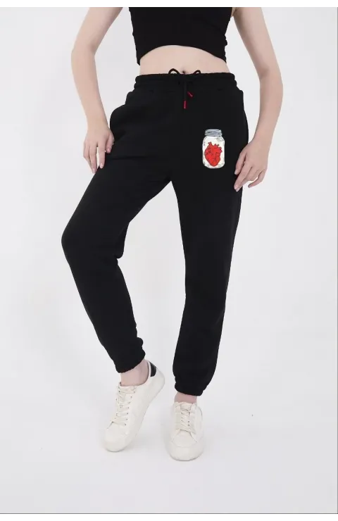Kadın Üç İplik Pamuklu Baskılı Paçası Lastikli Cepli Eşofman Pantolon - Siyah