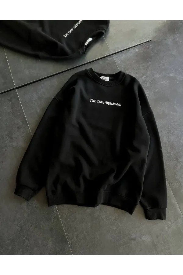 Kadın 3 İplik Pamuklu Bisiklet Yaka Baskılı SweatShirt - Siyah