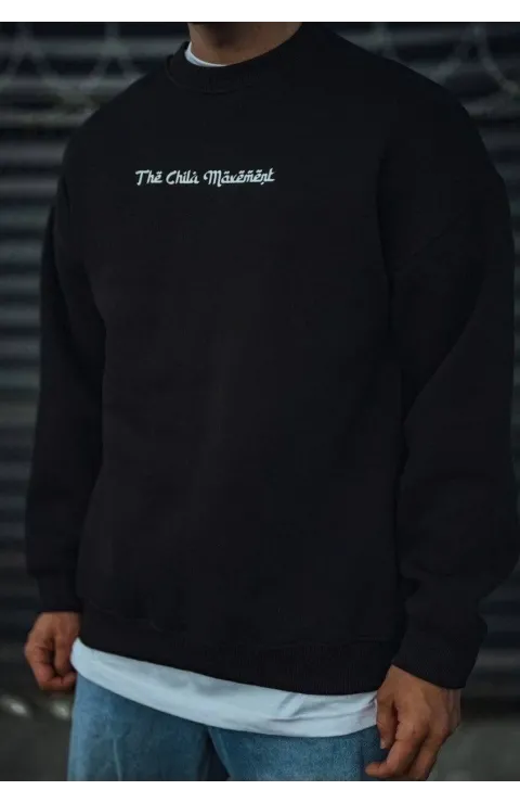 Üç İplik Pamuklu  Bisiklet Yaka Oversize Baskılı SweatShirt - Siyah