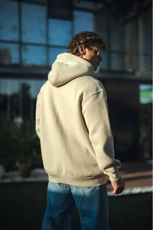 Üç İplik Penye kapüşonlu SweatShirt - Bej