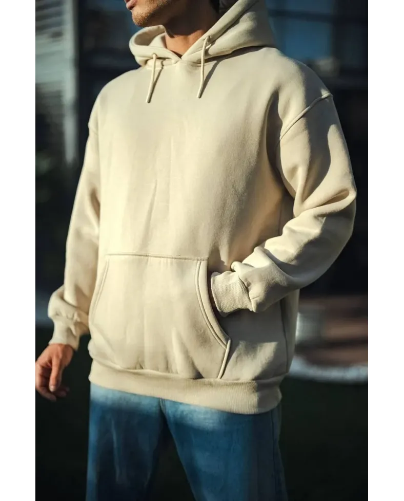 Üç İplik Penye kapüşonlu SweatShirt - Bej