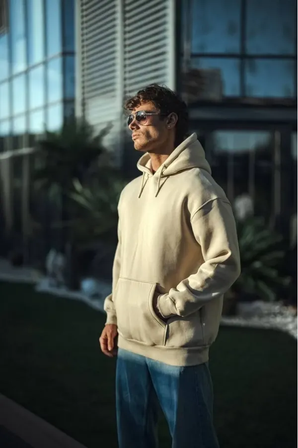 Üç İplik Penye kapüşonlu SweatShirt - Bej