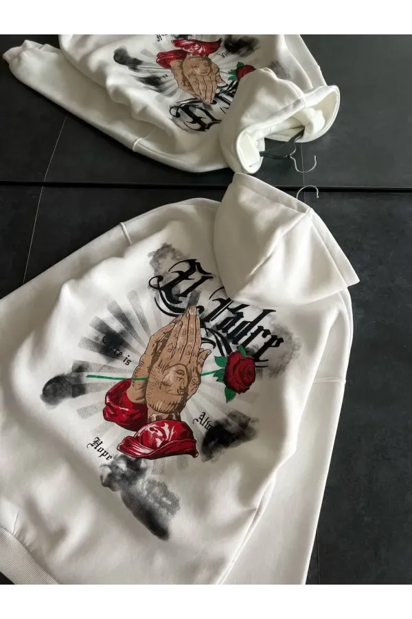 Üç İplik Penye Uzun Kol Kapüşonlu Baskılı SweatShirt - Beyaz