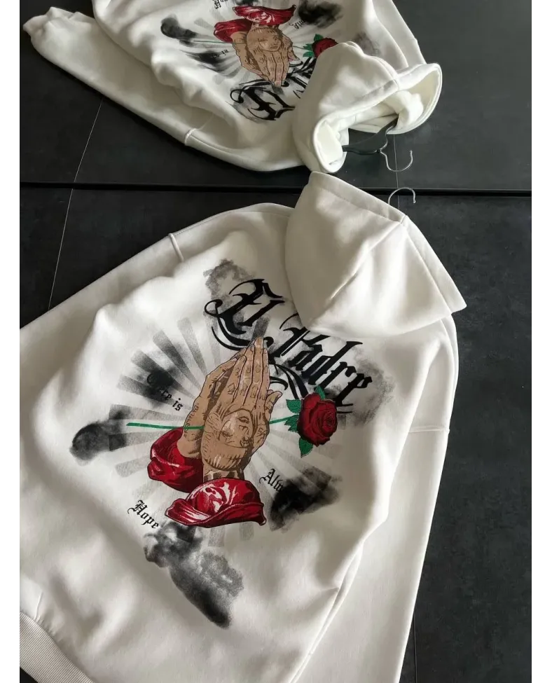 Üç İplik Penye Uzun Kol Kapüşonlu Baskılı SweatShirt - Beyaz