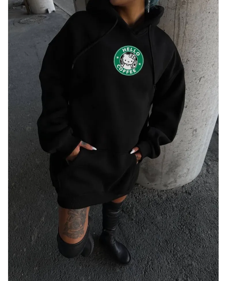 Üç İplik Penye Uzun Kol Kapüşonlu SweatShirt - Siyah