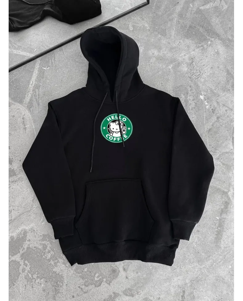 Üç İplik Penye Uzun Kol Kapüşonlu SweatShirt - Siyah