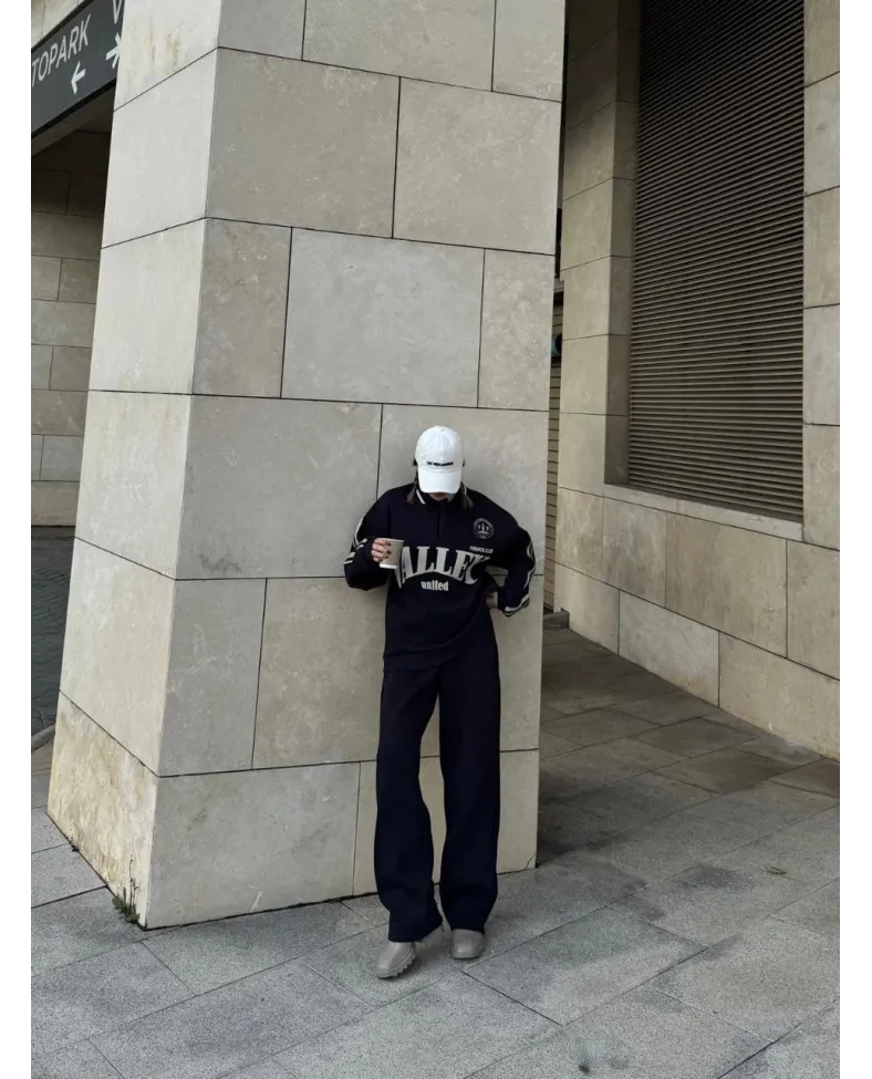 Üç İplik Yakalı Sweat Baggy Pantalonlu Takım - Siyah