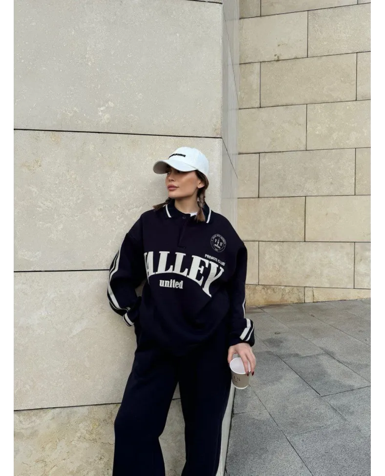 Üç İplik Yakalı Sweat Baggy Pantalonlu Takım - Siyah