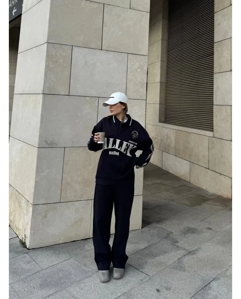 Üç İplik Yakalı Sweat Baggy Pantalonlu Takım - Siyah