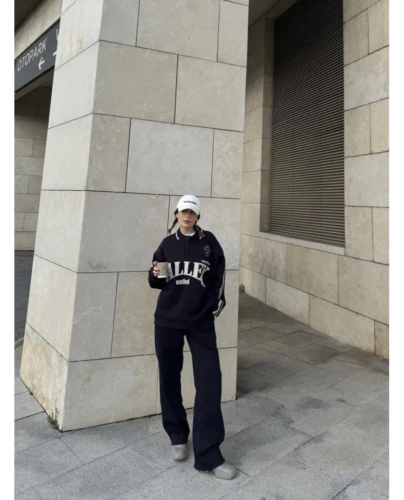 Üç İplik Yakalı Sweat Baggy Pantalonlu Takım - Siyah