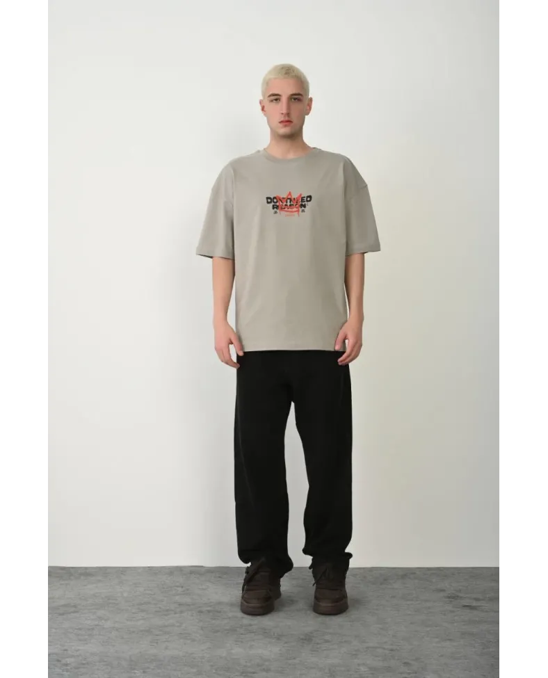 Erkek Baskılı T-Shirt Kısa Kol Bisiklet Yaka Rahat Kalıp Tişört  - Boyalı Gri