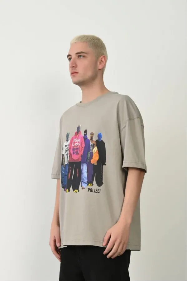 Erkek Baskılı T-Shirt Kısa Kol Bisiklet Yaka Rahat Kalıp Tişört  - Boyalı Gri