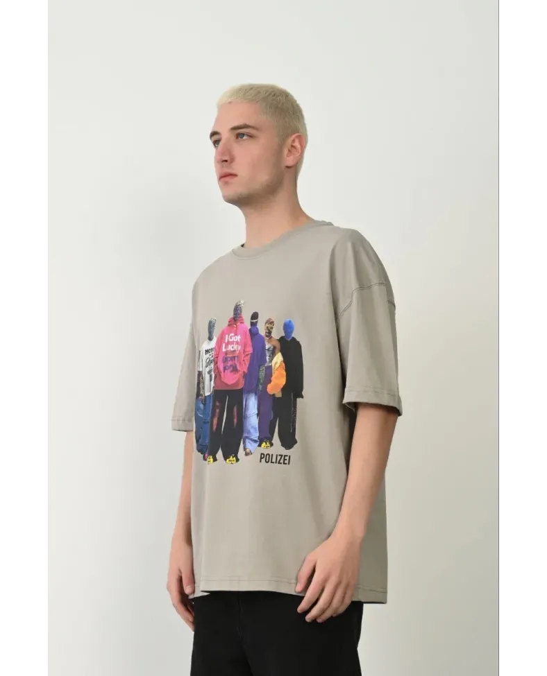 Erkek Baskılı T-Shirt Kısa Kol Bisiklet Yaka Rahat Kalıp Tişört  - Boyalı Gri