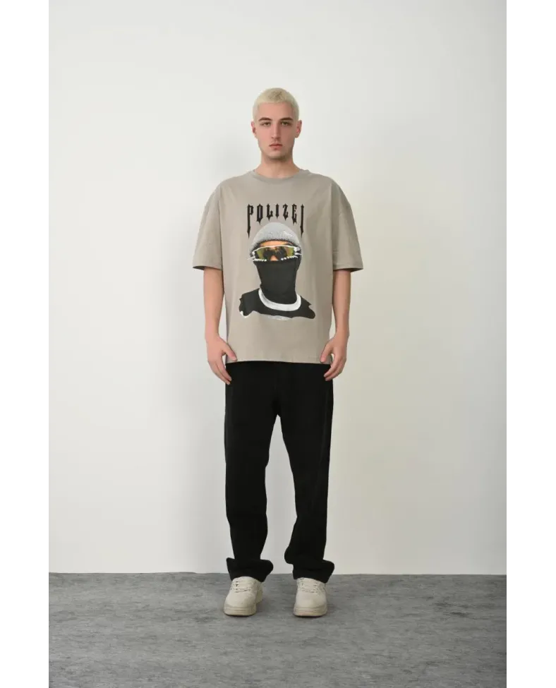 Erkek Baskılı T-Shirt Kısa Kol Bisiklet Yaka Rahat Kalıp Tişört - Boyalı Gri