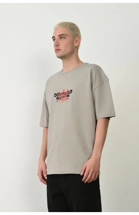 Erkek Baskılı T-Shirt Kısa Kol Bisiklet Yaka Rahat Kalıp Tişört  - Boyalı Gri