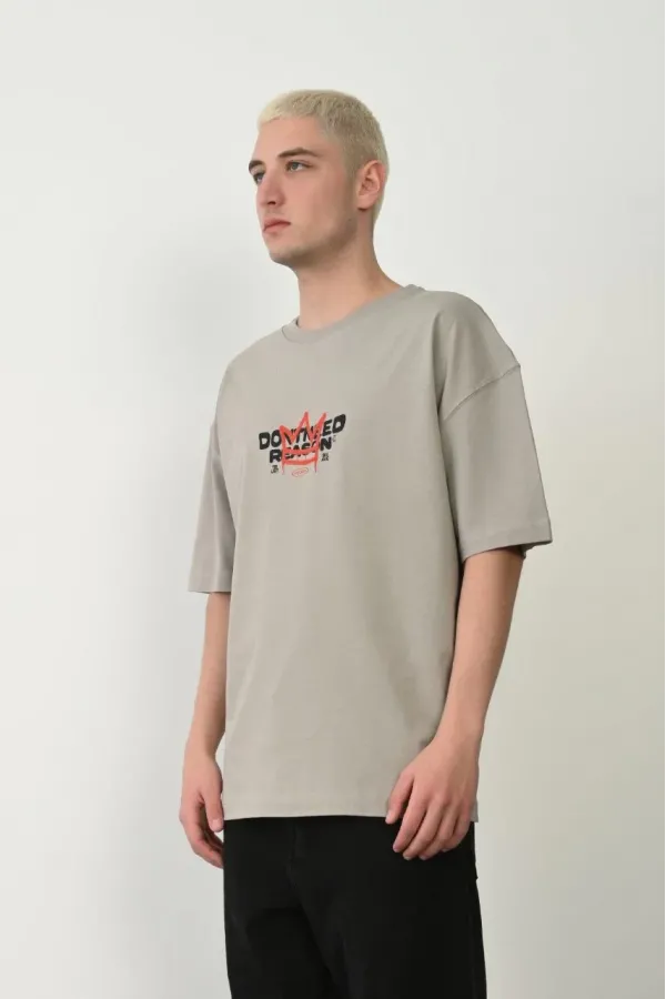 Erkek Baskılı T-Shirt Kısa Kol Bisiklet Yaka Rahat Kalıp Tişört  - Boyalı Gri