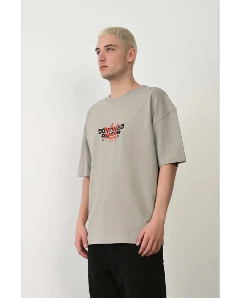 Erkek Baskılı T-Shirt Kısa Kol Bisiklet Yaka Rahat Kalıp Tişört  - Boyalı Gri