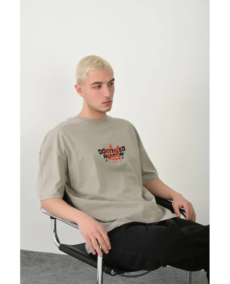 Erkek Baskılı T-Shirt Kısa Kol Bisiklet Yaka Rahat Kalıp Tişört  - Boyalı Gri