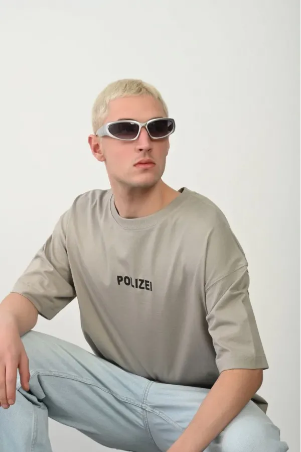 Erkek Baskılı T-Shirt Kısa Kol Bisiklet Yaka Rahat Kalıp Tişört - Boyalı Gri