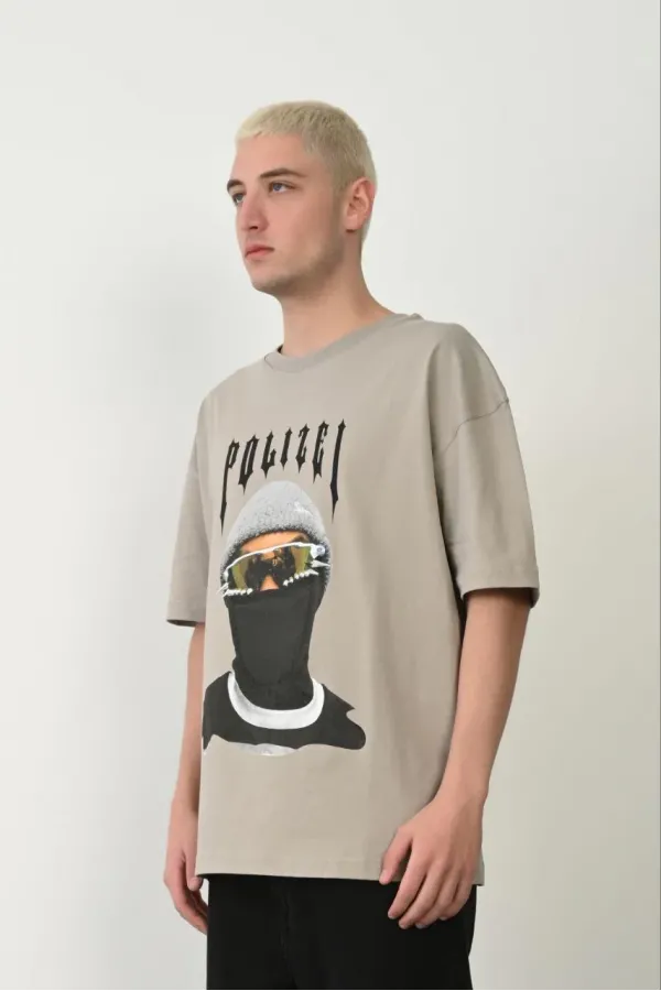 Erkek Baskılı T-Shirt Kısa Kol Bisiklet Yaka Rahat Kalıp Tişört - Boyalı Gri