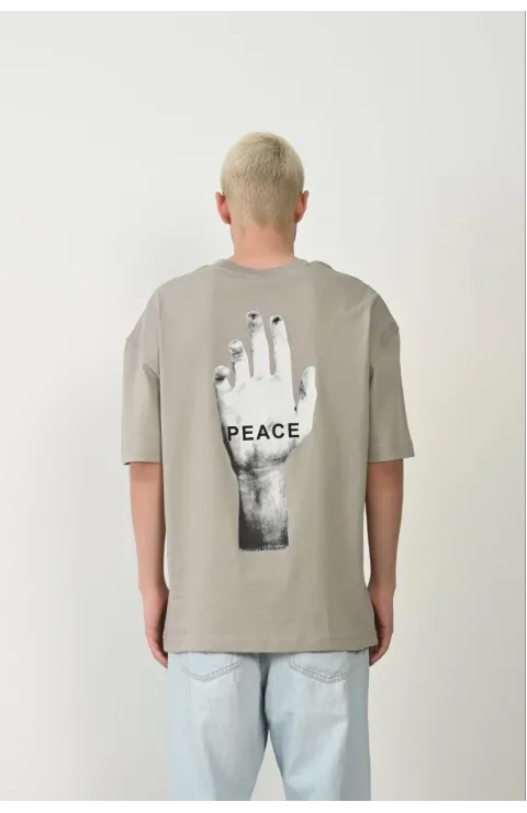 Erkek Baskılı T-Shirt Kısa Kol Bisiklet Yaka Rahat Kalıp Tişört - Boyalı Gri