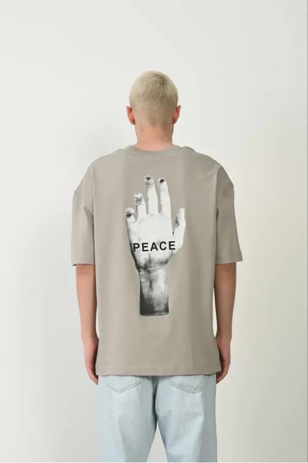 Erkek Baskılı T-Shirt Kısa Kol Bisiklet Yaka Rahat Kalıp Tişört - Boyalı Gri