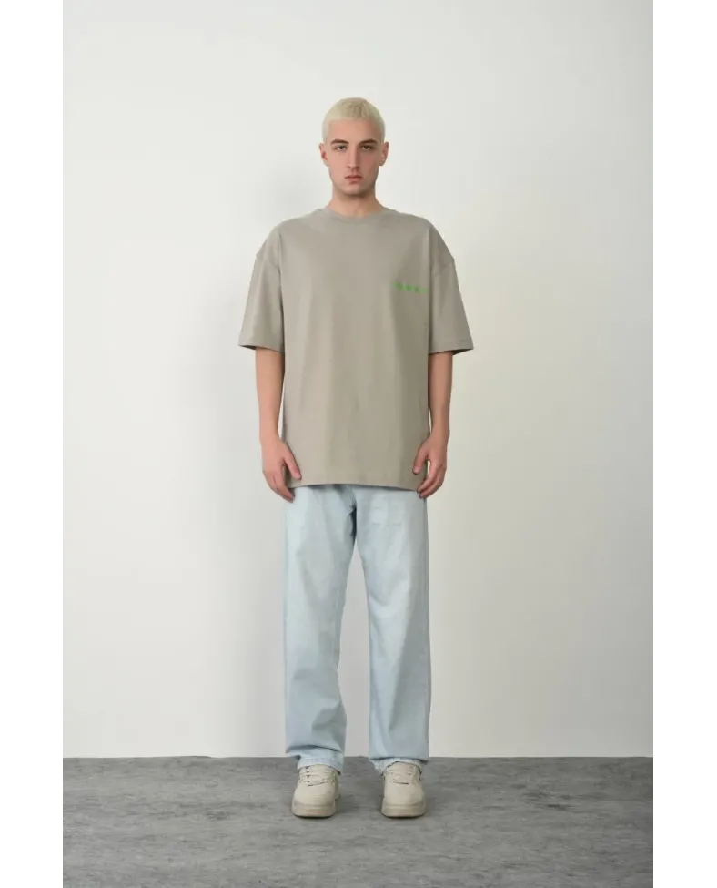 Erkek Baskılı T-Shirt Kısa Kol Bisiklet Yaka Rahat Kalıp Tişört  - Boyalı Gri