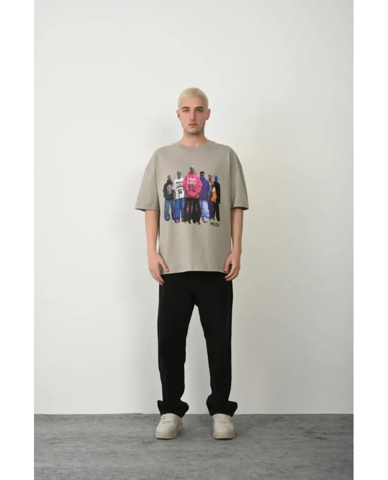 Erkek Baskılı T-Shirt Kısa Kol Bisiklet Yaka Rahat Kalıp Tişört  - Boyalı Gri