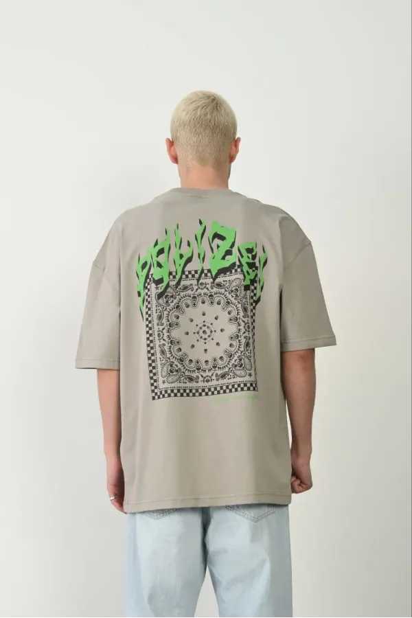 Erkek Baskılı T-Shirt Kısa Kol Bisiklet Yaka Rahat Kalıp Tişört  - Boyalı Gri