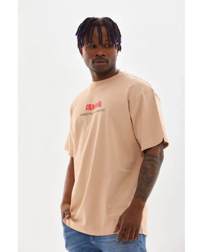 ERKEK Baskılı Oversize T-Shirt - Bej