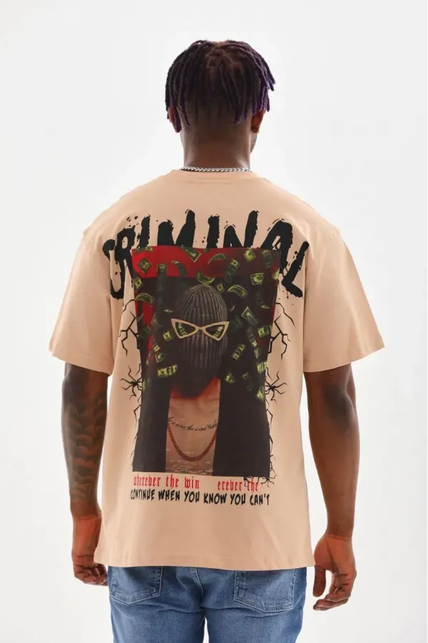 ERKEK Baskılı Oversize T-Shirt - Bej