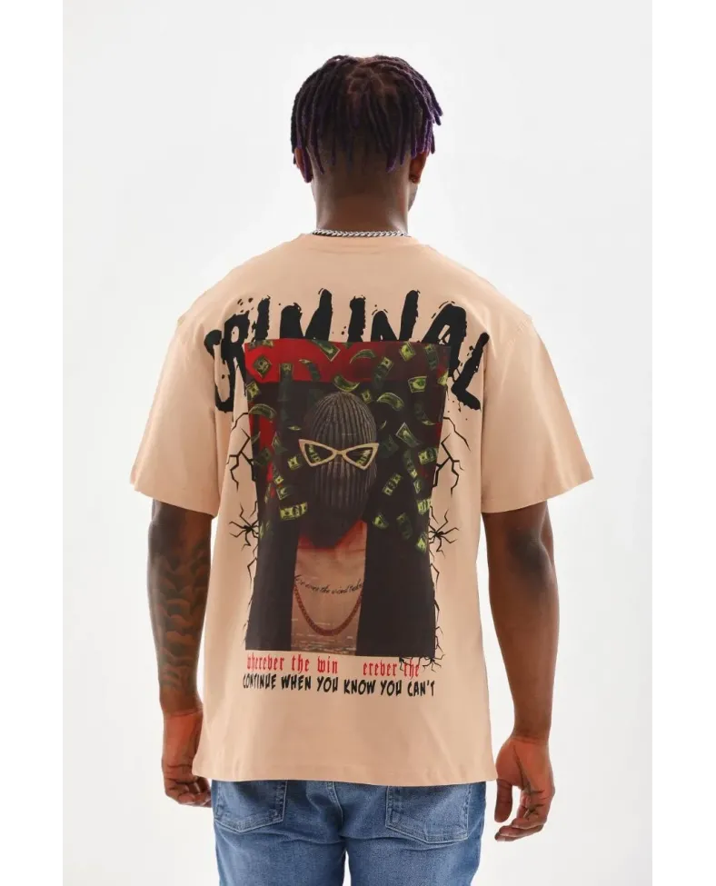 ERKEK Baskılı Oversize T-Shirt - Bej
