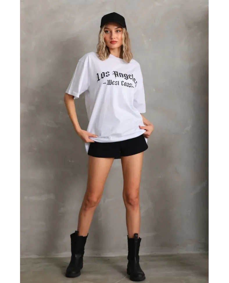 Kadın Baskılı Oversize T-Shirt - Beyaz
