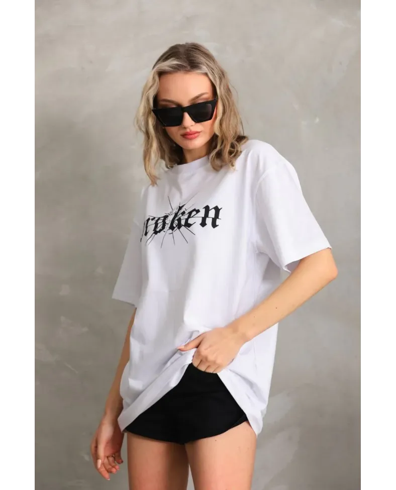 Kadın Baskılı Oversize T-Shirt - Beyaz