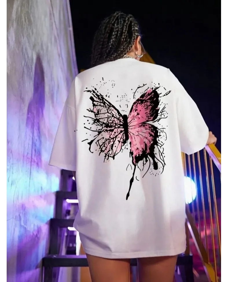 Kadın kelebek Baskılı Oversize T-Shirt - Beyaz