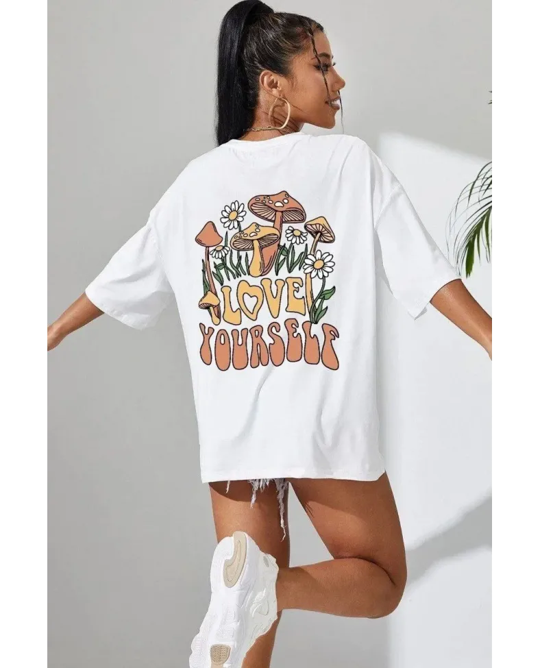 Kadın Baskılı Oversize T-Shirt - Beyaz