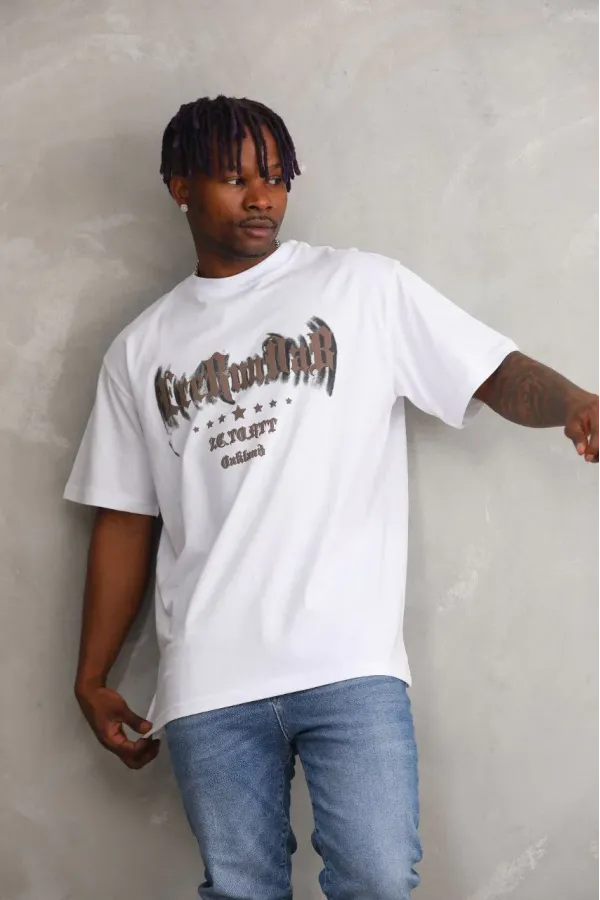 Erkek Baskılı T-Shirt Kısa Kol Bisiklet Yaka Rahat Kalıp Tişört  - Beyaz