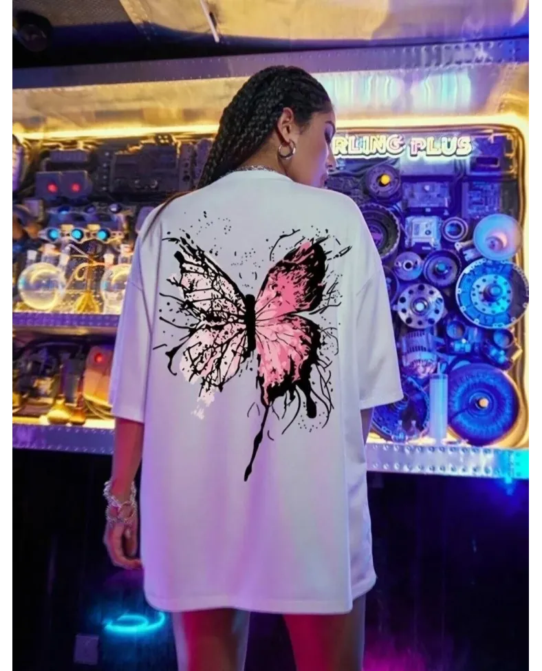 Kadın kelebek Baskılı Oversize T-Shirt - Beyaz
