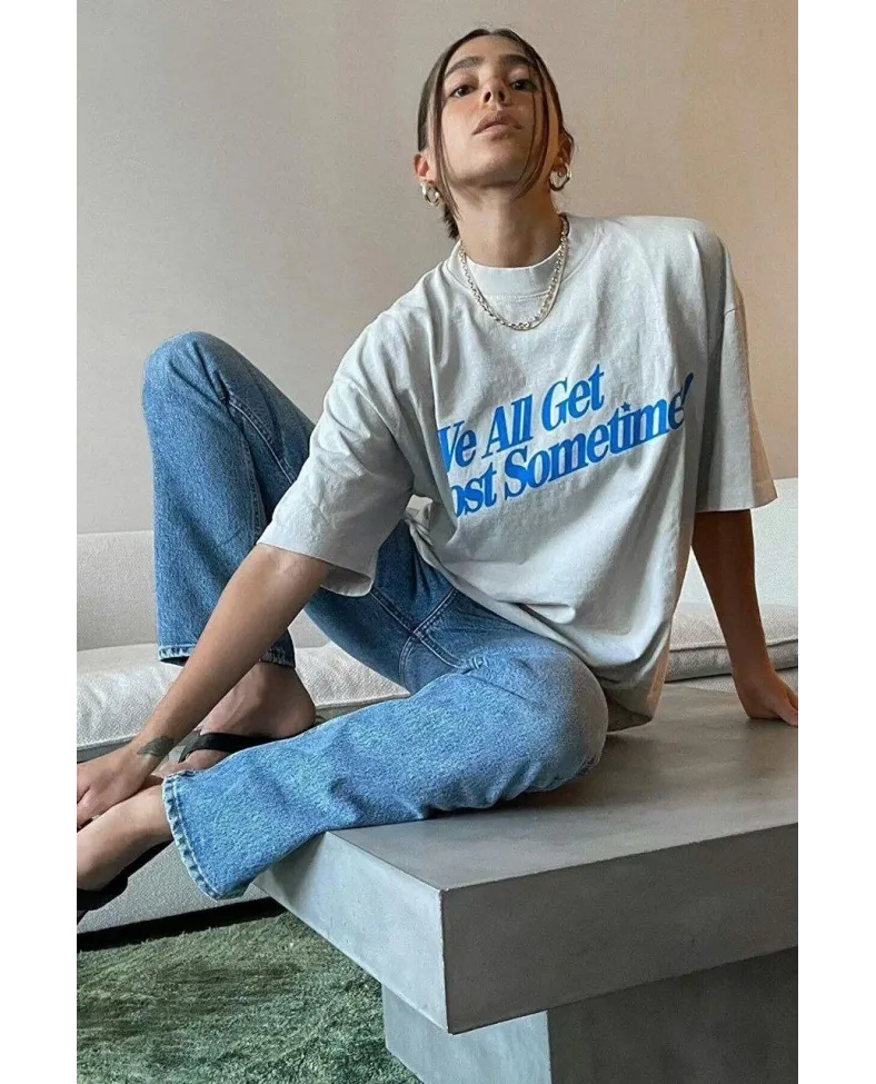 Kadın Baskılı Oversize T-Shirt - Beyaz