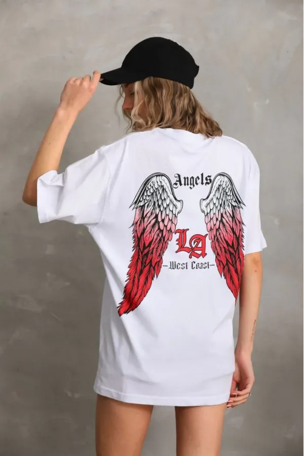 Kadın Baskılı Oversize T-Shirt - Beyaz