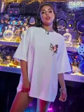 Kadın kelebek Baskılı Oversize T-Shirt - Beyaz