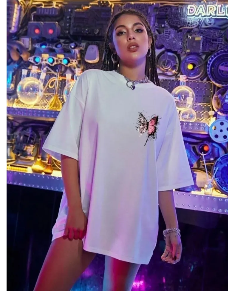 Kadın kelebek Baskılı Oversize T-Shirt - Beyaz