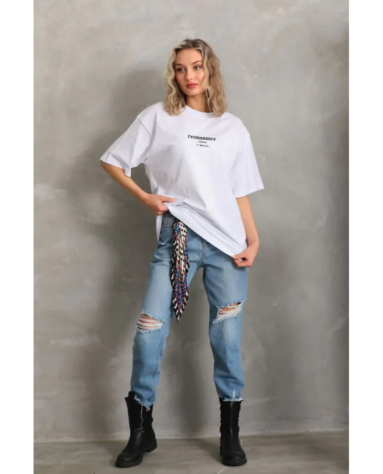 Kadın Baskılı Oversize T-Shirt - Beyaz