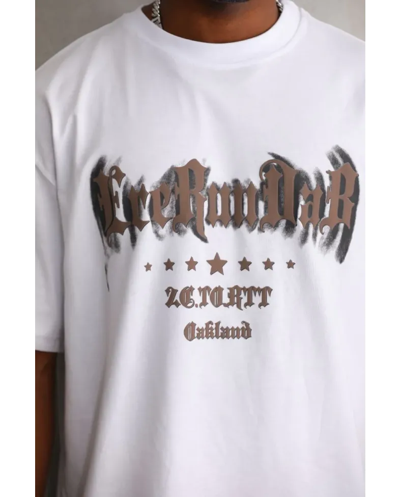 Erkek Baskılı T-Shirt Kısa Kol Bisiklet Yaka Rahat Kalıp Tişört  - Beyaz