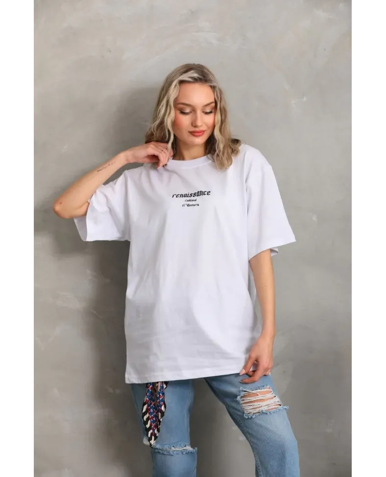 Kadın Baskılı Oversize T-Shirt - Beyaz