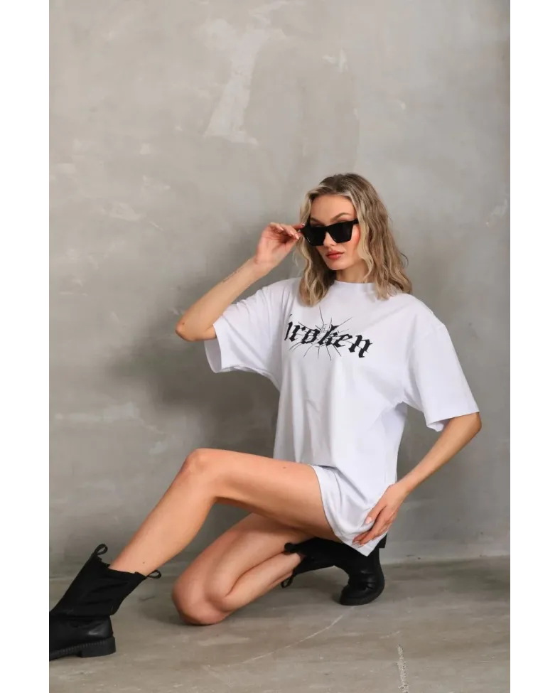 Kadın Baskılı Oversize T-Shirt - Beyaz