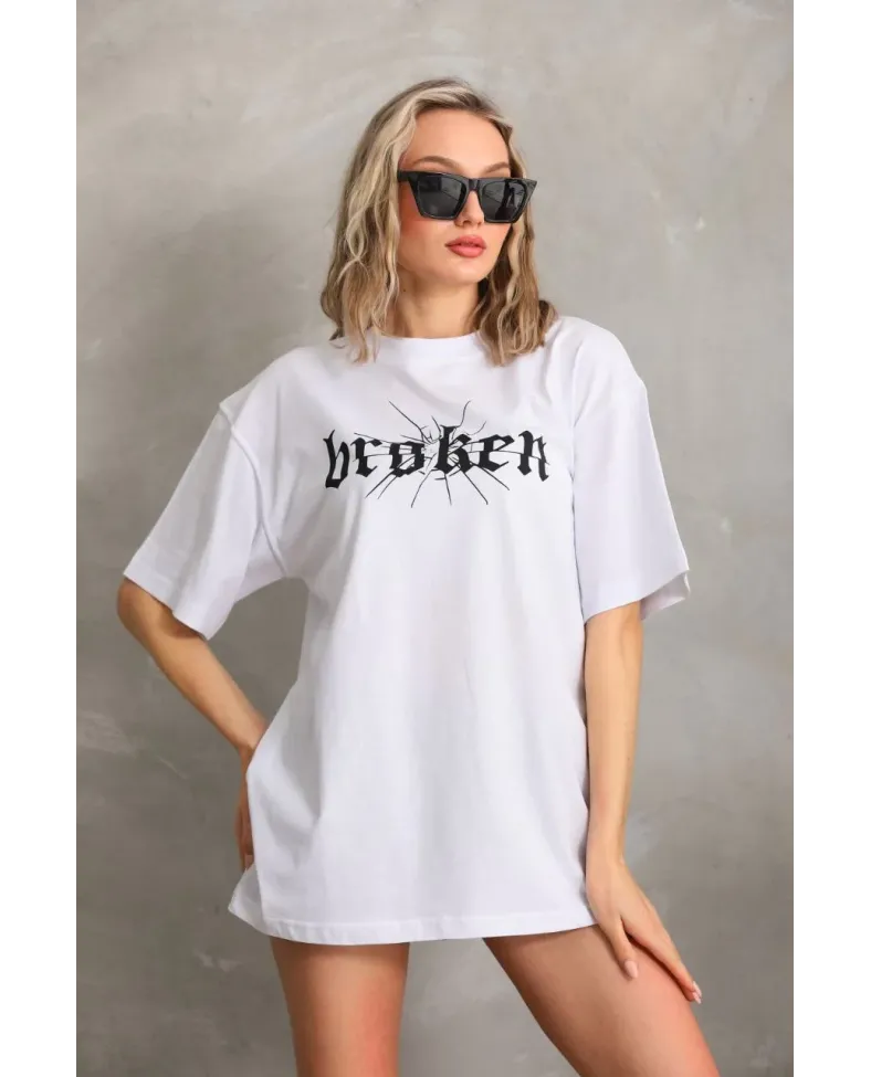 Kadın Baskılı Oversize T-Shirt - Beyaz