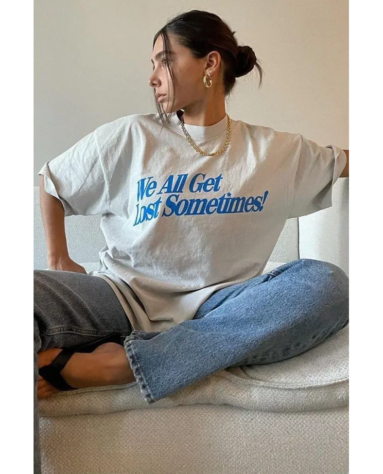 Kadın Baskılı Oversize T-Shirt - Beyaz