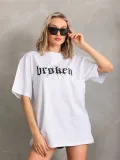 Kadın Baskılı Oversize T-Shirt - Beyaz